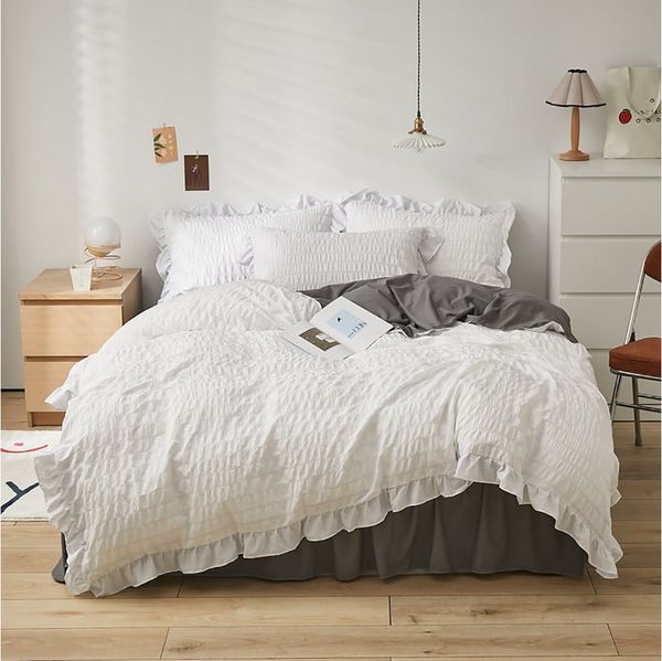 ibettertec Bettwäsche Seersucker Bettwäsche 135x200 Bettwäsche mit Rüschen Streifen Muster, Seersucker, 3 teilig, weich, leicht, flauschig, für alle Jahreszeiten