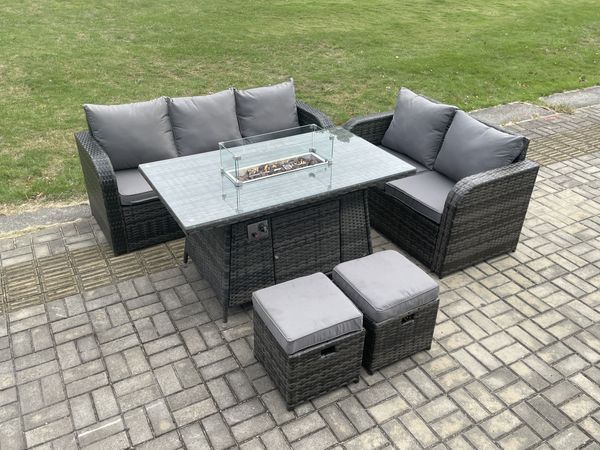 Fimous Polyrattan Gartenmöbelset Gasfeuerstelle Esstisch und Sofa set mit 2 kleine Fußhockern