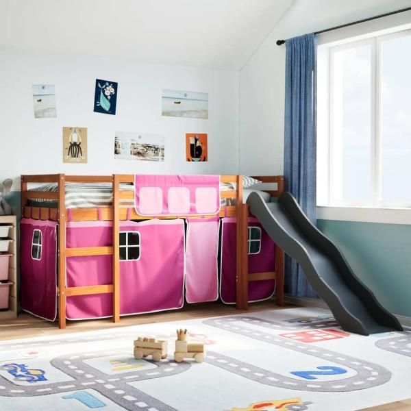 vidaXL Kinderhochbett mit Vorhängen Rosa 90x190 cm Massivholz Kiefer 3309091