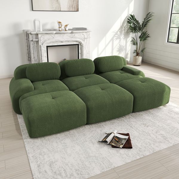 Ecksofa modular in Grün aus Cordstoff, rahmenlos, montagefrei, mit 32D-Hochdichteschaum,75x298x178 cm