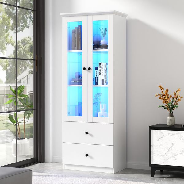 Vitrine mit LED-Beleuchtung 16 Farben, Glasvitrine mit Schubladen, Highboard mit USB, Weiß, Stauraumschrank für Wohnzimmer & Büro