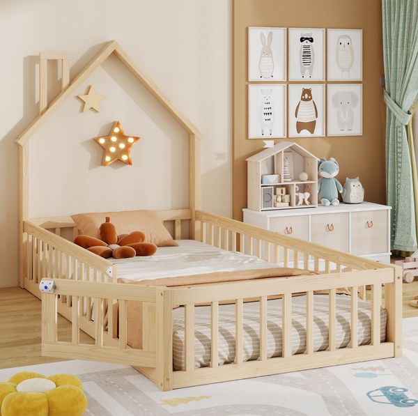 Hausbett 90x200 cm mit Sicherheitsgitter und Schornstein-Design – Kinderbett aus Kiefernholz und MDF in Natur