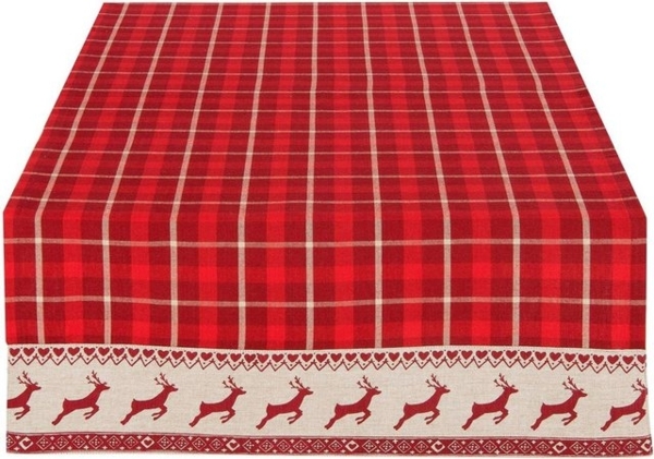 Clayre & Eef Tischdecke Tischläufer Weihnachten, Rot Kariert mit Rentieren, 50x140 cm, Glattes Gewebe, Hirschdesign, landhausstil