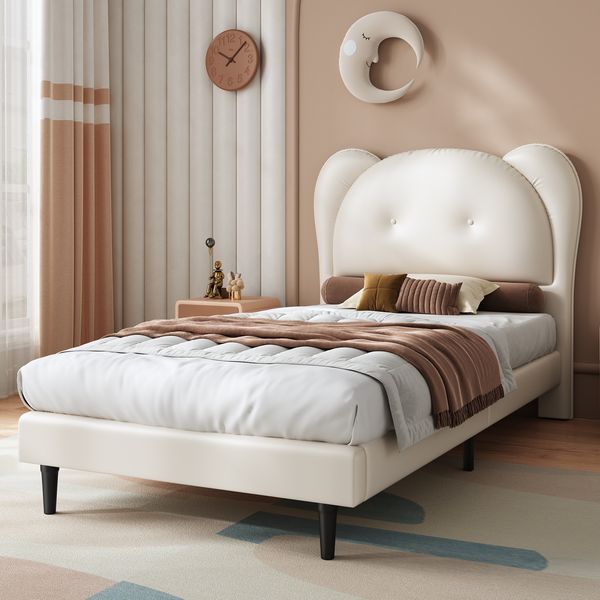 Polsterbett für Kinder 90x200 cm mit tierförmigem Kopfteil, stabiler Eisenrahmenverbindung, Beige, ohne Matratze