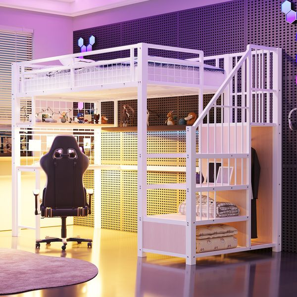 Merax Hochbett 90 x 200 cm, Einzelbett, Kinderbett, Mit Lichtleiste und Ladebuchse, Mit Stauraumleiter und einfachem Kleiderschrank, Komplett mit Regalen, Schreibtisch und Gitterregal, Weiß