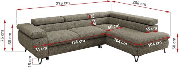 MKS Möbel 'Pablo L-Form' Ecksofa mit Schlaffunktion, verstellbare Kopfstützen, Grau, Struktur, ohne Topper, Rechts Bild 6