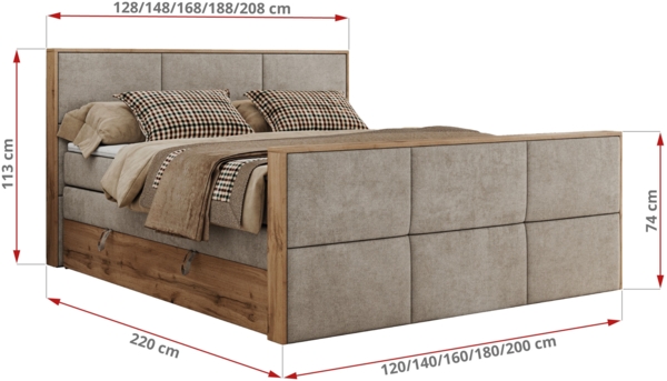 Doppelbett, Boxspringbett mit zwei Multipocket-Matratzen und ein Topper, Bettkästen, Eiche Wotan Holzrahmen, genähtes Kopfteil und Front - ALBERO 2 KING DUO - 160 x 200 cm - Beige Stoff - H3 Bild 6