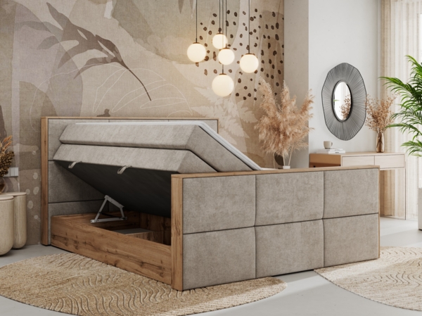 Doppelbett, Boxspringbett mit zwei Multipocket-Matratzen und ein Topper, Bettkästen, Eiche Wotan Holzrahmen, genähtes Kopfteil und Front - ALBERO 2 KING DUO - 160 x 200 cm - Beige Stoff - H3 Bild 3