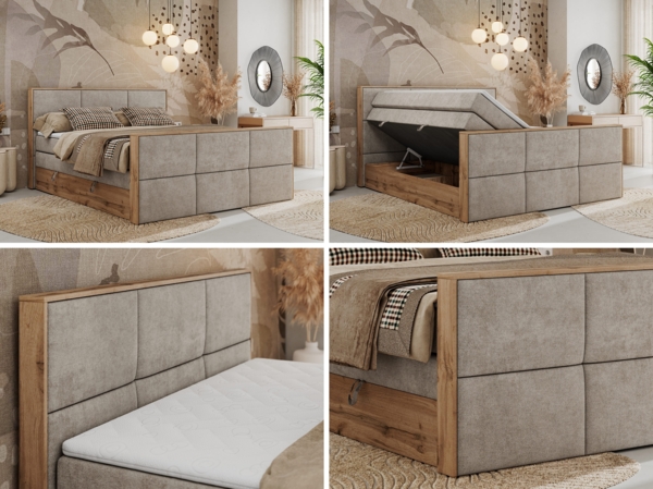 Doppelbett, Boxspringbett mit zwei Multipocket-Matratzen und ein Topper, Bettkästen, Eiche Wotan Holzrahmen, genähtes Kopfteil und Front - ALBERO 2 KING DUO - 160 x 200 cm - Beige Stoff - H3 Bild 2