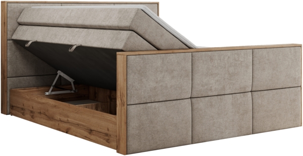 Doppelbett, Boxspringbett mit zwei Multipocket-Matratzen und ein Topper, Bettkästen, Eiche Wotan Holzrahmen, genähtes Kopfteil und Front - ALBERO 2 KING DUO - 160 x 200 cm - Beige Stoff - H3 Bild 5