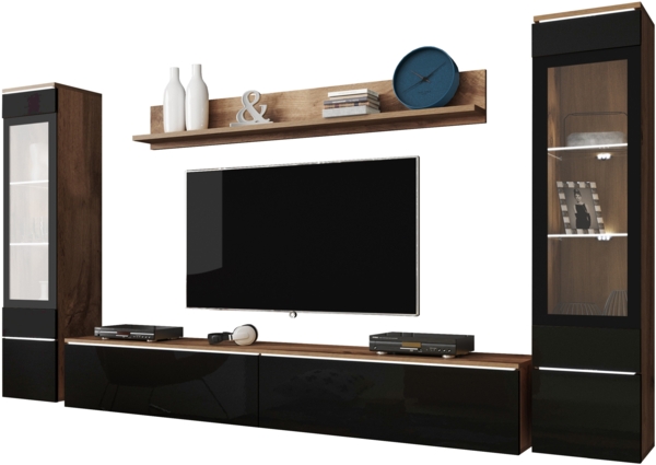 Wohnwand Doppo II (Farbe: Wotan / Schwarz Hochglanz, mit weißer LED Beleuchtung)