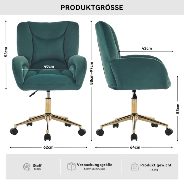 Drehstuhl aus Samt mit verstellbarer goldener Basis, 360° drehbar, ergonomisch gepolstert,Grün Bild 6