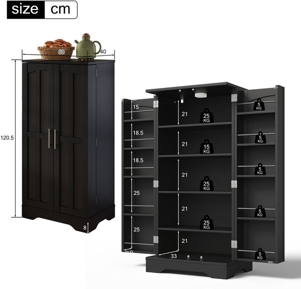 Hochschrank 120x60x40 cm, moderner MDF-Schrank mit 3D‑Wellentüren, LED-Sensorlicht und verstellbaren Regalböden, schwarz