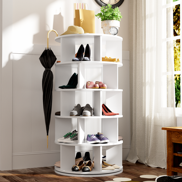 Schuhregal, drehbar mit 5 Ebenen, 60x60x115 cm, Weiß