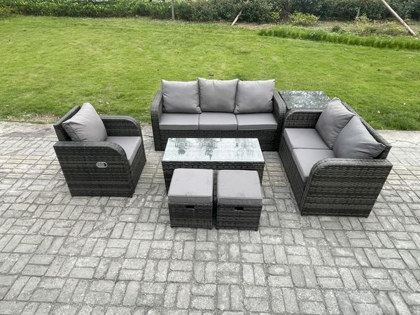 Fimous 8-Sitzer Hoher Rücken Polyrattan Gartenmöbel Set mit Loveseat Sofa Rechteckiger Couchtisch Beistelltisch Garten Lounge Set Dunkelgrau Gemischt