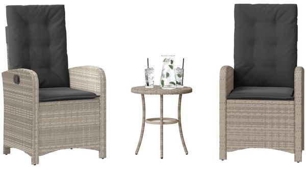 vidaXL 3-tlg. Bistro-Set mit Kissen Hellgrau Poly Rattan 365182