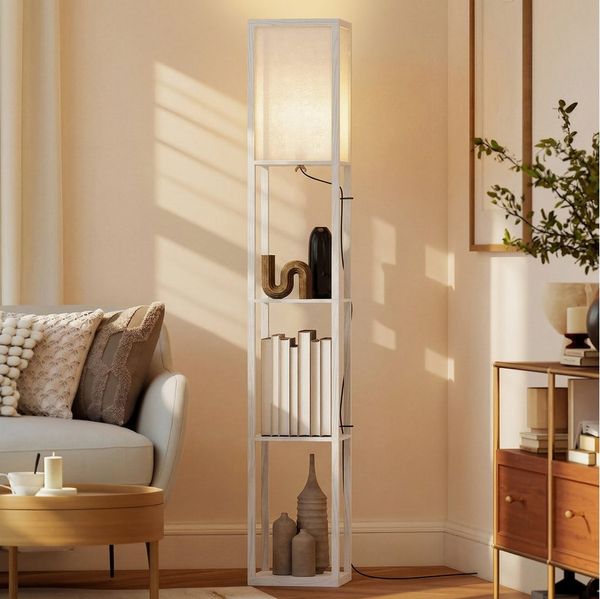 HOMCOM Stehlampe Standlampe mit Lampenschirm, Ablagefächer, Lichtquelle, Fußschalter, ohne Leuchtmittel, Stehlampe mit Ablagen, platzsparend