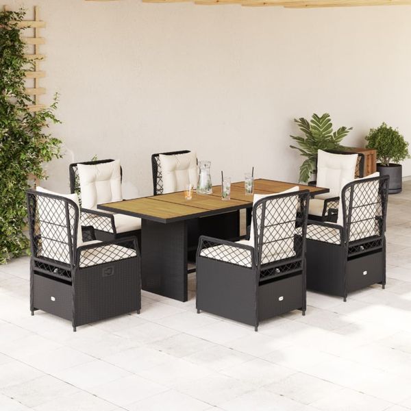 vidaXL 7-tlg. Garten-Essgruppe mit Kissen Schwarz Poly Rattan 3262924