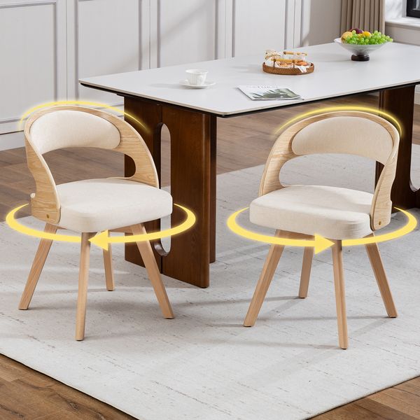 LVHOM Esszimmerstuhl 360° drehbar, 2er Set, Polsterstuhl aus Leinen und Massivholz, Küchenstuhl gepolstert, ergonomischer Schalenstuhl mit Armlehne, bis 150 kg