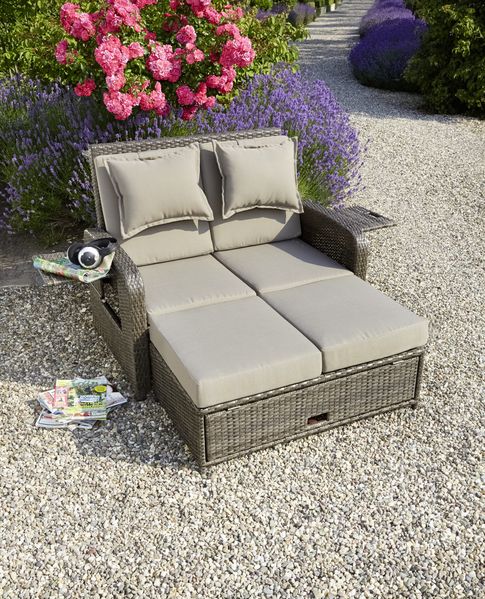 greemotion Rattan-Lounge Bahia Rondo, Sofa & Bett aus Polyrattan, indoor & outdoor, 2er Garten-Sofa, Daybed, braun-beige, ca. 121 x 99 x 143 cm