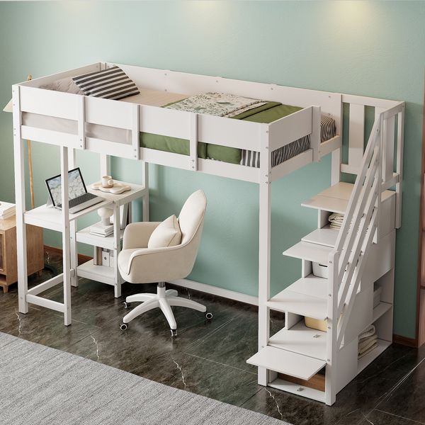 Hochbett 90x200 cm Kinderbett aus massivem Kiefernholz mit Stauraum,Treppe & Ablageregal,platzsparend,sicher,Weiß