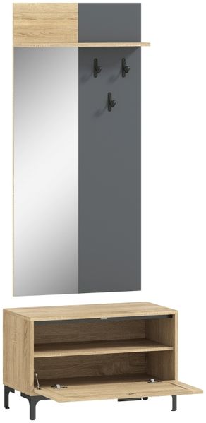 Garderobenset für Eingangsbereich, Schuhbank, Spiegel, 3 Haken, Offenes Regal, Flurmöbel, Naturholz+Grau