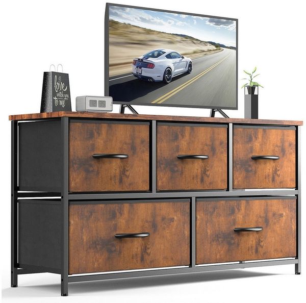 Fanttik Schubkastenkommode Kommode, Stauraumschrank mit 5 Schubladen für Schlafzimmer Wohnzimmer (1 Schrank), Stoffschrank Stoffkommode mit Holzoberfläche Aufbewahrungsschrank