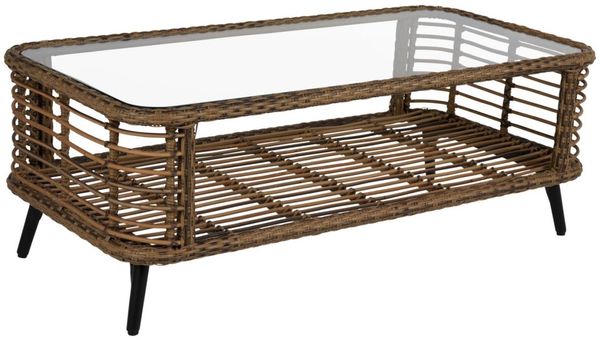 Gartencouchtisch Covelo 122 cm aus Kunst-Rattan und Glas, Boho Stil, natur, für Outdoor