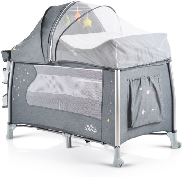 Cangaroo Reisebett iSleep Wiege Matratze Spielbogen Wickelauflage Moskitonetz grau