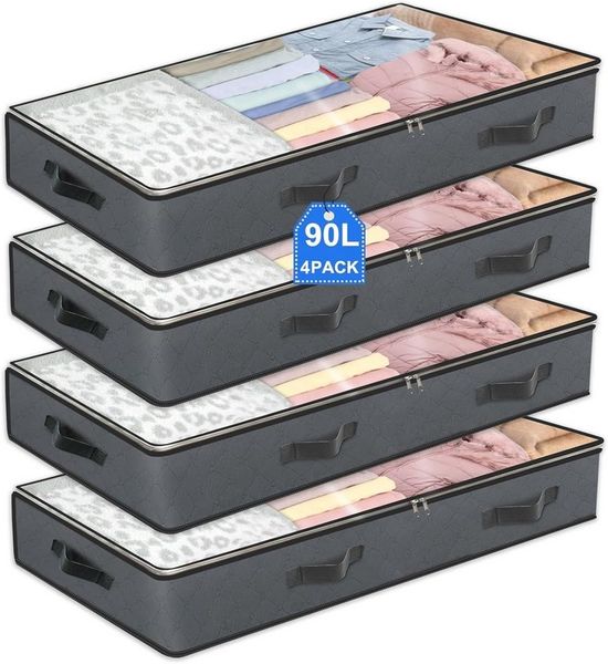 Refined Living Unterbettkommode 90L Aufbewahrungstaschen für unter dem Bett,4er Set,Aufbewahrungsbox (faltbare Organizer und Aufbewahrungsboxen, Schrankorganizer und Aufbewahrungsbehälter, Organisatoren mit Transparentes PVC-Fenster, Robuste Reißversch...