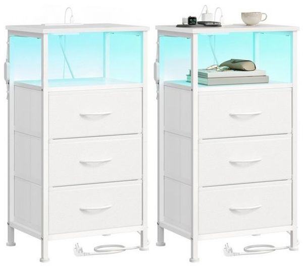 SONGMICS Nachttisch mit LED-Beleuchtung und Ladestation, 2er Set, Nachttisch mit 3 Schubladen und offenem Fach, weiß