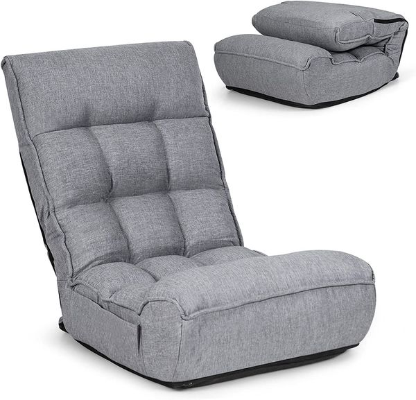 COSTWAY 4-stufig Verstellbarer Bodenstuhl, gepolstertes Bodensofa mit 5-stufig verstellbarem Kopfteil & Seitentasche, ergonomischer Klappstuhl, Bodensessel bis 140kg belastbar (Grau)