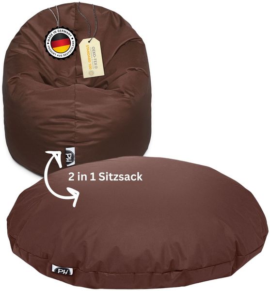 PATCH HOME 2 in 1 Sitzsack Sessel – Ø125 cm – Braun, bequemer Sitzsack aus Luxus-Polyester-Gewebe, bereits befüllt