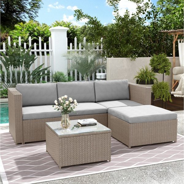 Flieks Gartenlounge-Set, Polyrattan Gartenmöbel Ecksofa mit kissen und Glas-Tischplatte