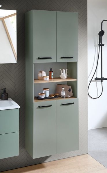 Saphir Hochschrank Quickset 500, Badschrank 61,6 cm breit, 4 Türen 4 Einlegeböden, 1 offenes Fach, Badezimmer-Hochschrank