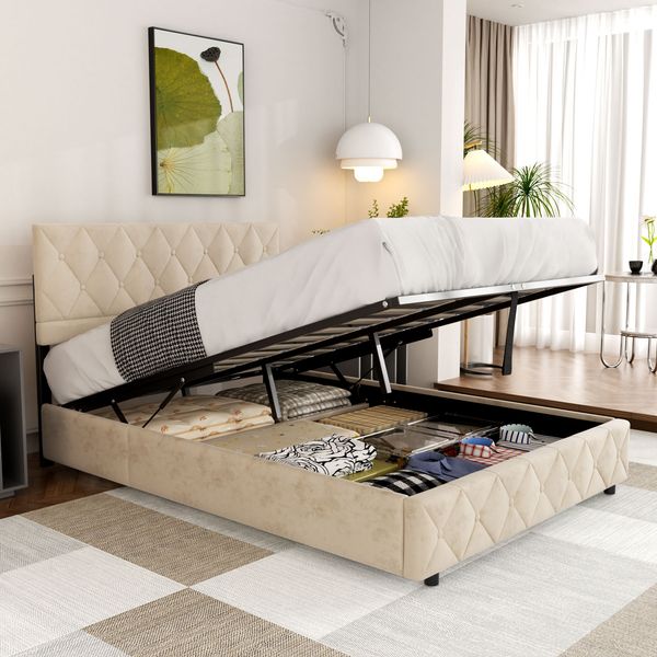 Polsterbett 140x200 cm mit Aufbewahrungsbox, Beige, Kunstleder, Lattenrost (ohne Matratze)