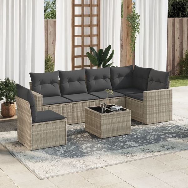 vidaXL 7-tlg. Garten-Sofagarnitur mit Kissen Hellgrau Poly Rattan 3219032