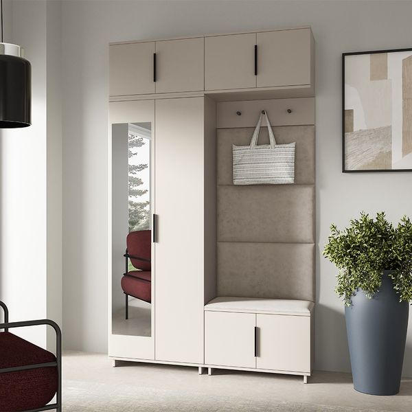 Garderoben-Set Napoli Version 1: Kleiderschrank mit Polsterpaneelen, Schuhschrank und Schrankaufsatz Flur und Eingangsbereich (Cashmere/Trinity 03), 229 x 40 x 140 cm
