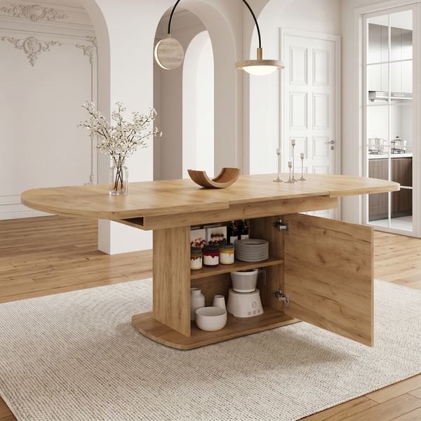 Ausziehbarer ovaler Esstisch, L140/200*W80*H75cm,Esstisch mit Stauraum, Kaffee-Freizeittisch, moderner minimalistischer Esstisch, platzsparender multifunktionaler Esstisch, Eichenfarbe