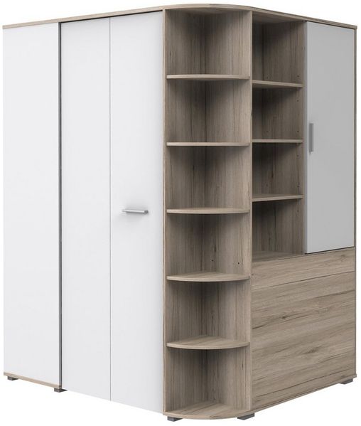 Lomadox Eckschrank JOHANNESBURG-43 in San Remo Eiche Nb. mit weiß, gespiegelt aufbaubar, 124/201/148 cm