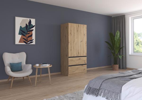 rauch Kleiderschrank, Drehtürenschrank COSTA, 2-türig, 2 Schubkästen, push-to-open, Eiche Artisan, 91 x 197 x 54 cm