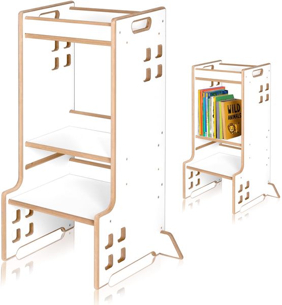 Lionelo CASS Kitchen Helper Küchenhelfer 2in1 Montessori Lernturm Ab 1 Jahr Höhenverstellbarer Sicherheitsbügel Stabiler Küchenhocker Bücherregal Bis zu 30 kg