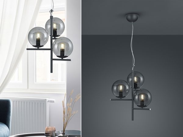 LED Pendelleuchte Anthrazit mit Glaskugeln aus Rauchglas 3-flammig, Ø 40cm