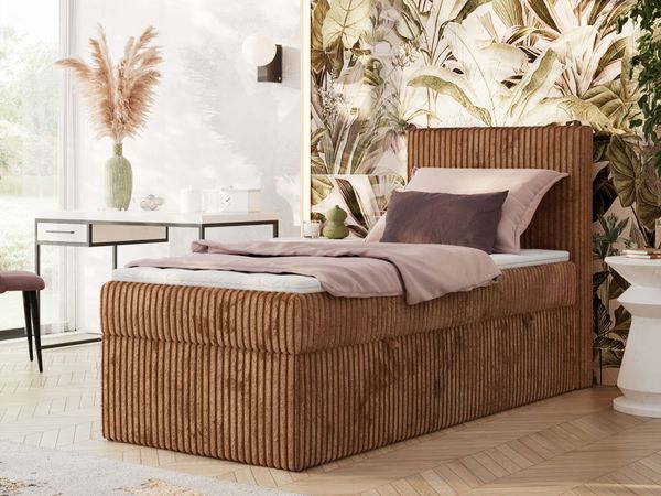 Boxspringbett TILIANO 90x200 Cord inkl. Bettkasten, Einzelbett 7-Zonen Multipocket-Matratze & Topper, Modernes Design mit hohem Kopfteil - Orange Cordstoff - H3 - Topper T25