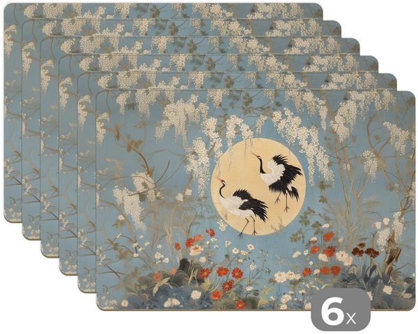 MuchoWow Platzset Kraniche - Mond - Blumen - Blau, (6-St), Platzsets, Tischset, Abwaschbar, Tischsets, Platzdeckchen