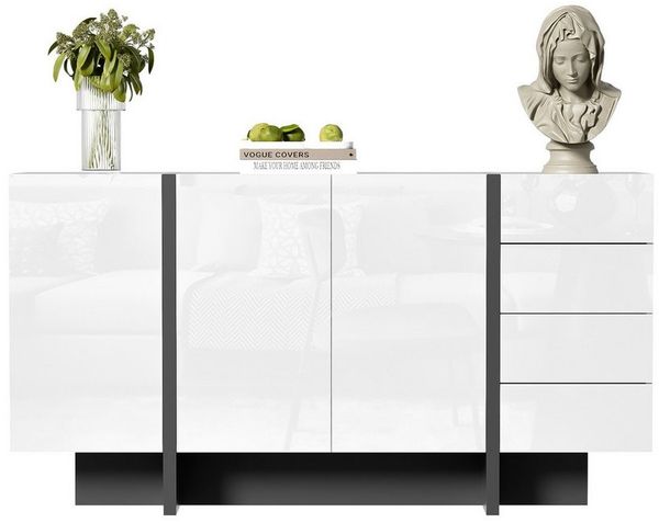 MODFU Sideboard Kommode mit Viel Stauraum (Hochglanz-Buffet, Scandi, 1 St, 2 Türen und 4 Schubladen), moderner und schlichter Anrichte mit Türen und Schubladen
