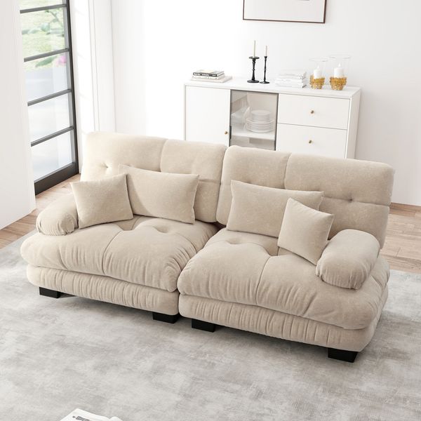 Ecksofa in Light Coffee, Chenille, modulares Design mit tiefem Sitz und Komfortkissen,220x77x81 cm