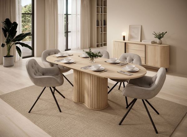 MOEBLO Esstisch Ausziehbarer NOLI (ovaler Esstisch Glatte Tischplatte auf Basis mit Rillenstruktur, 3D-Optik, Design-Fronten in Eiche Cremona), (BxHxT): 180–220 x 75,6 x 90 cm