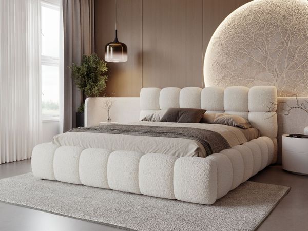 GRAINGOLD Modo Polsterbett 140x200, Doppelbett mit Kopfteil, groß Stauraum, Bouclé-Stoff, Beige