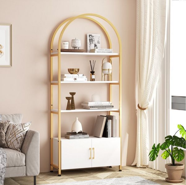 GarveeMore Bücherregal Gewölbtes mit 2 Türen,stabilem Metallrahmen,181cm, 4-stöckiges gewölbtes Ausstellungsregal für Büro,Schlafzimmer,weiß